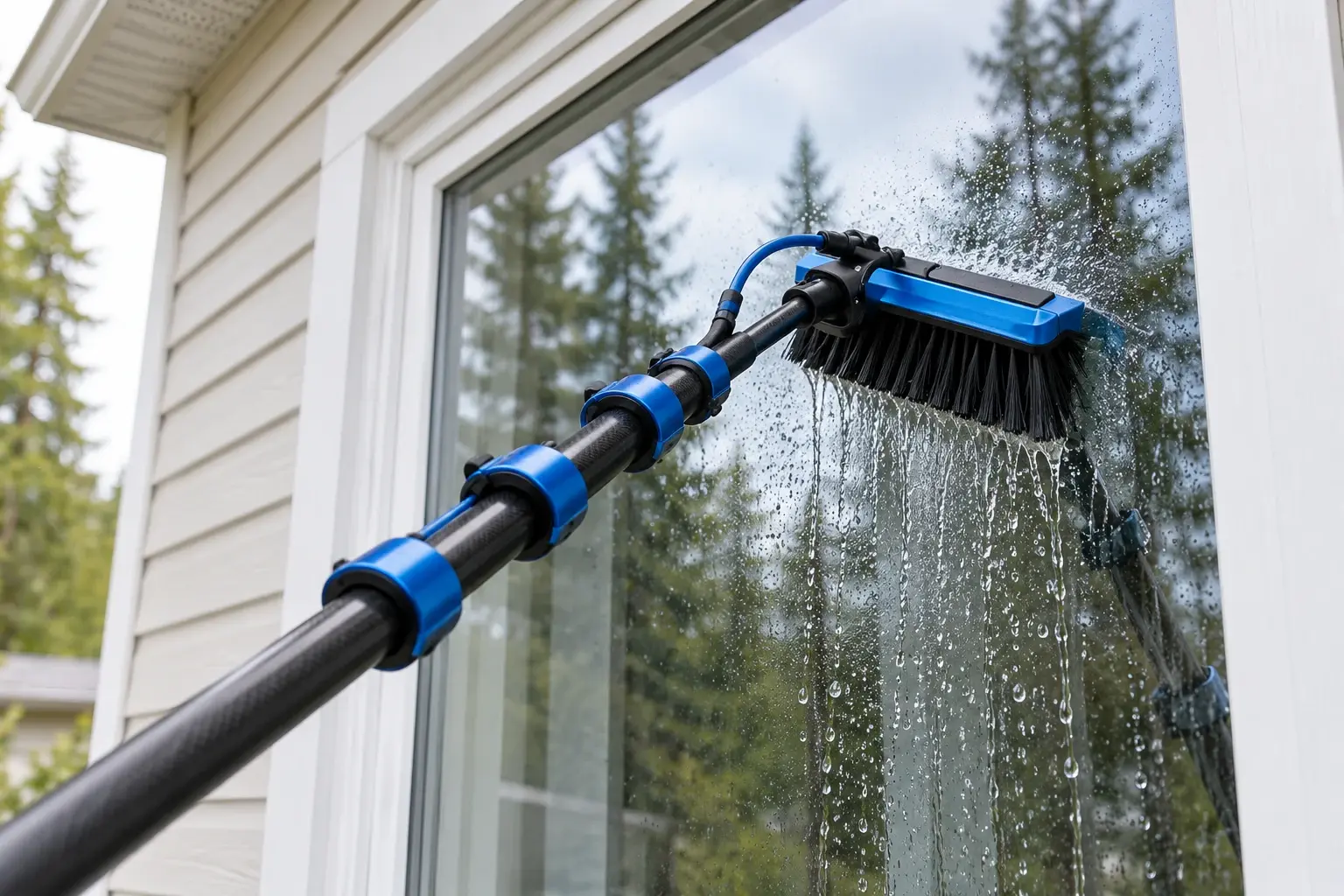 Brosse de lavage bleue sur une perche, au contact d’une vitre